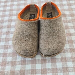 Haflinger Women's Wool Slip-On Clogs in Brown with Orange Trim